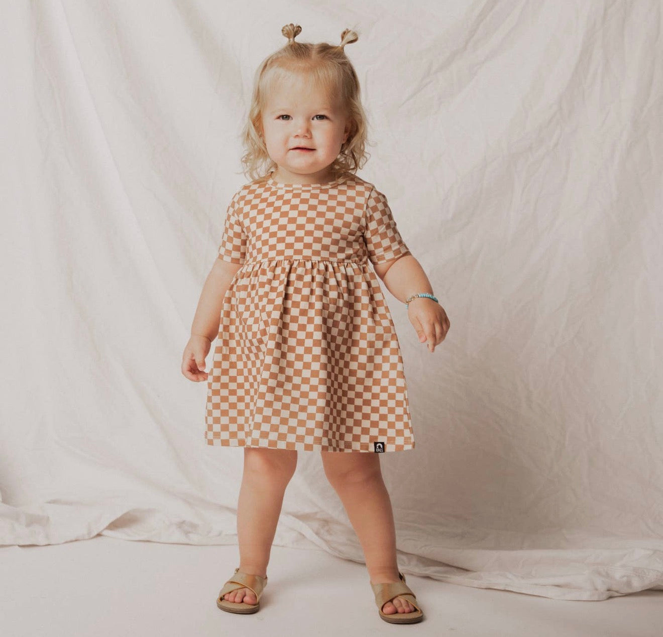 Camel Checkered Toddlers Dress